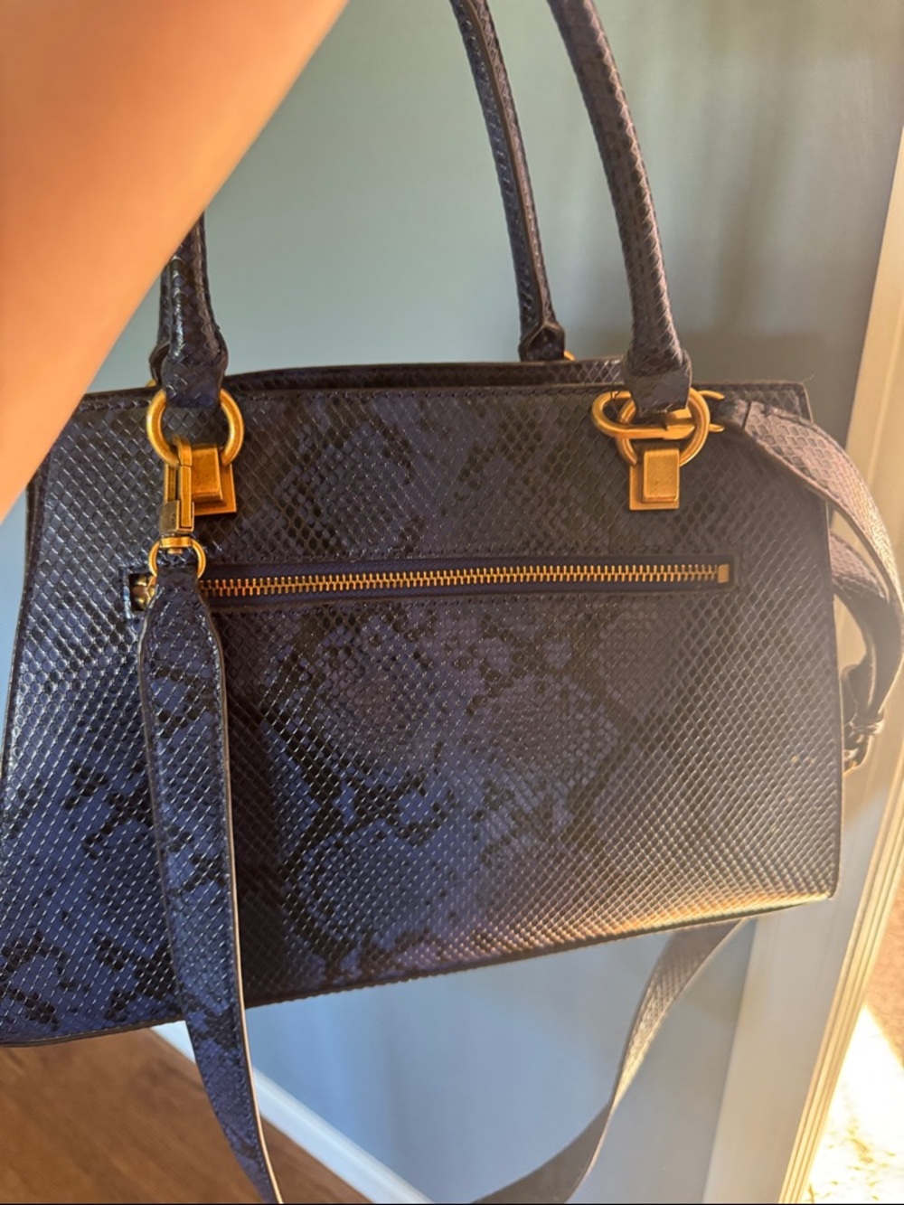 GUESS Navy Textured Satchel with Gold Hardware - Picture 2 of 4